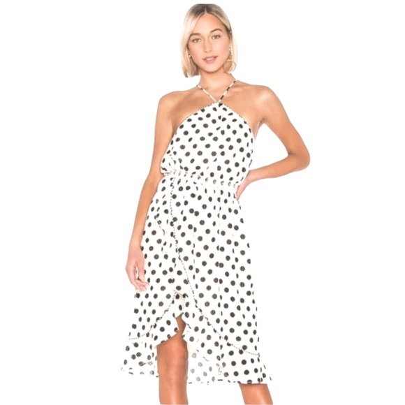 HOUSE OF HARLOW 1960 x Revolve ivory/black polka dot split front halter dress L - Picture 1 of 9